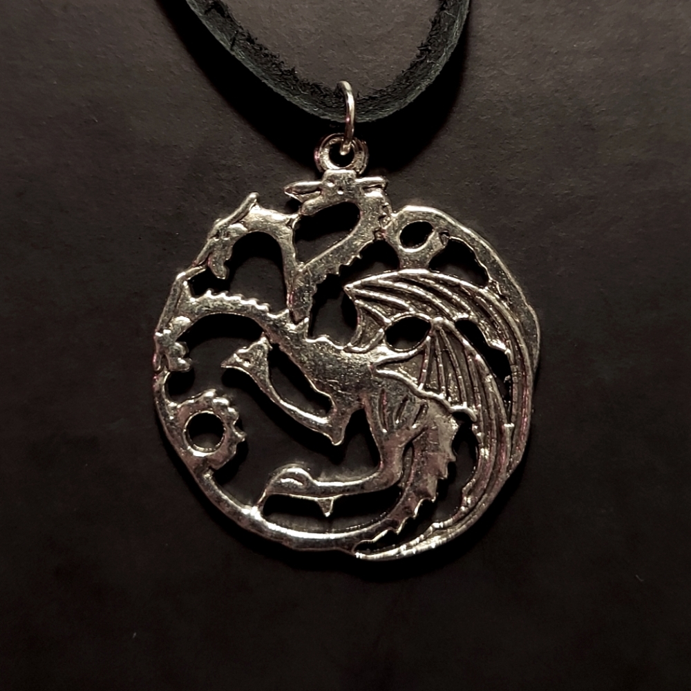 Handmade 9½ in. Silver Fantasy Gothic 3-headed Dragon Necklace w/ leather cord